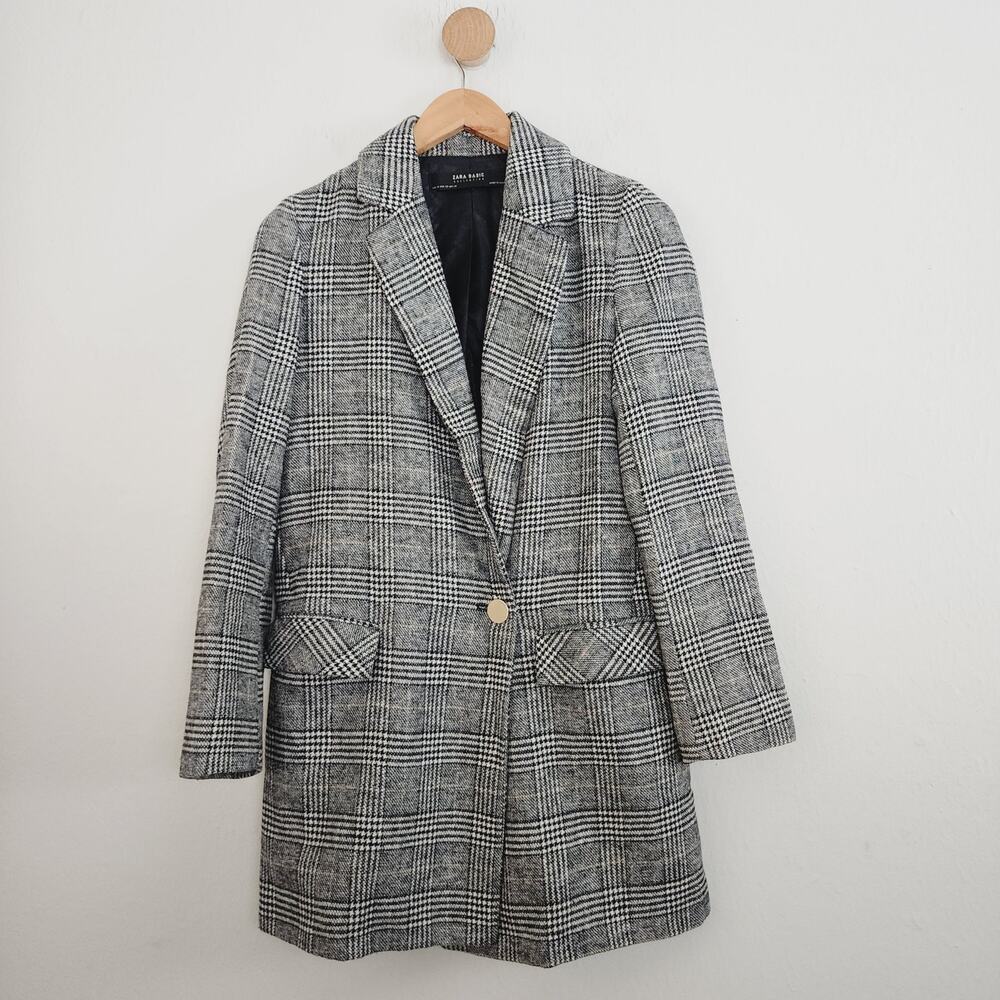 Zara Black Plaid Double Breasted Longline Blazer Wool Blend Coat Jacket XS 0
